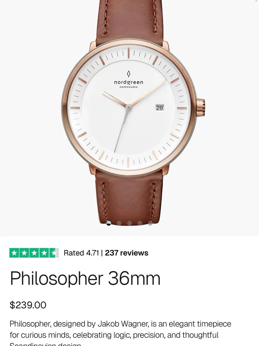 Nordgreen 36mm Rose Gold Case with Brown Leather Strap